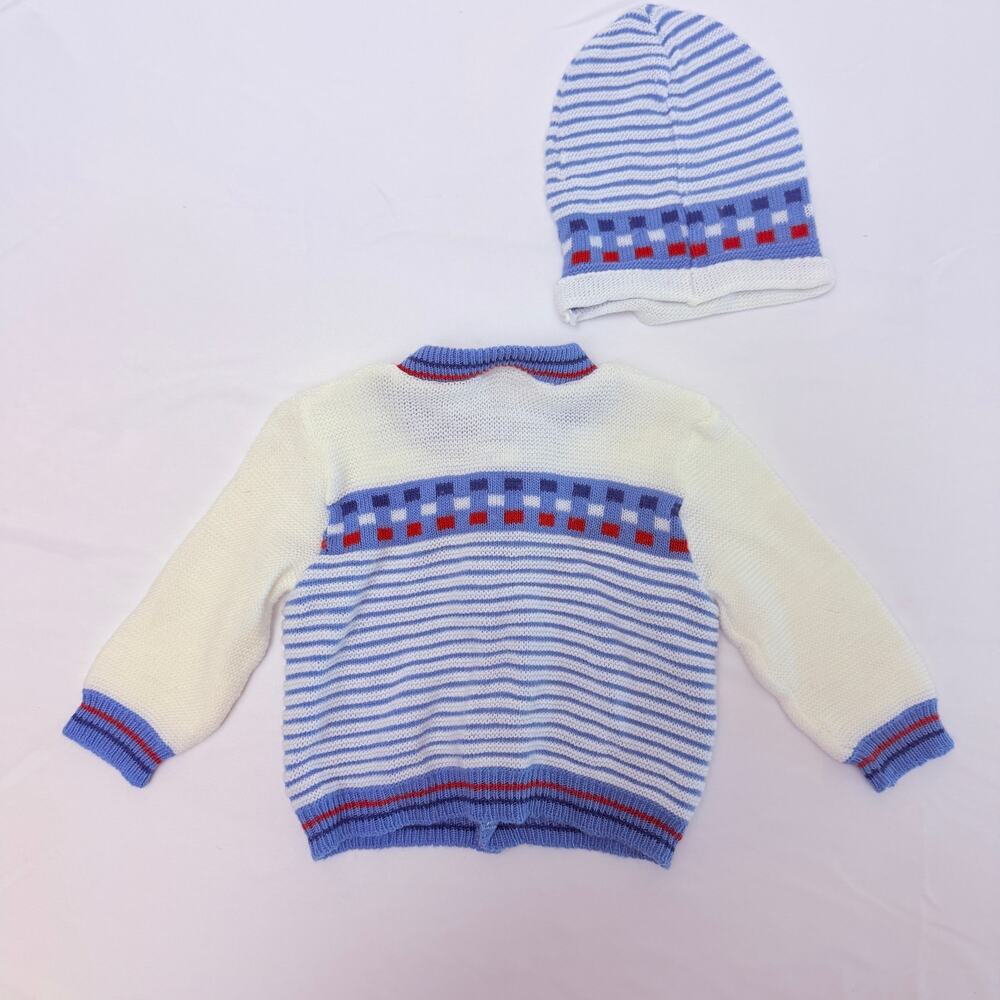 Vintage 80s Confetti Knits Knit Striped Cardigan & Matching Hat Set Sz 0-6 mo - Picture 9 of 9